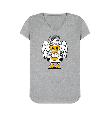 Athletic Grey Angelic Cow Women's V-Neck T-Shirt