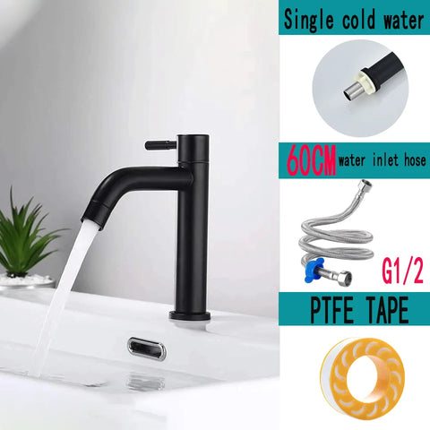 Stainless steel washbasin faucet. Single cold water, 1/2 inch inlet. Bathroom. Balcony. Public washbasin. Kitchen. Console