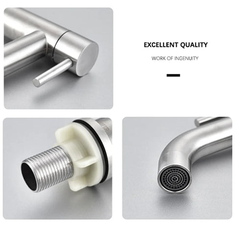 Stainless steel washbasin faucet. Single cold water, 1/2 inch inlet. Bathroom. Balcony. Public washbasin. Kitchen. Console