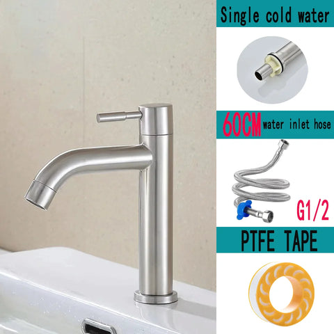 Stainless steel washbasin faucet. Single cold water, 1/2 inch inlet. Bathroom. Balcony. Public washbasin. Kitchen. Console