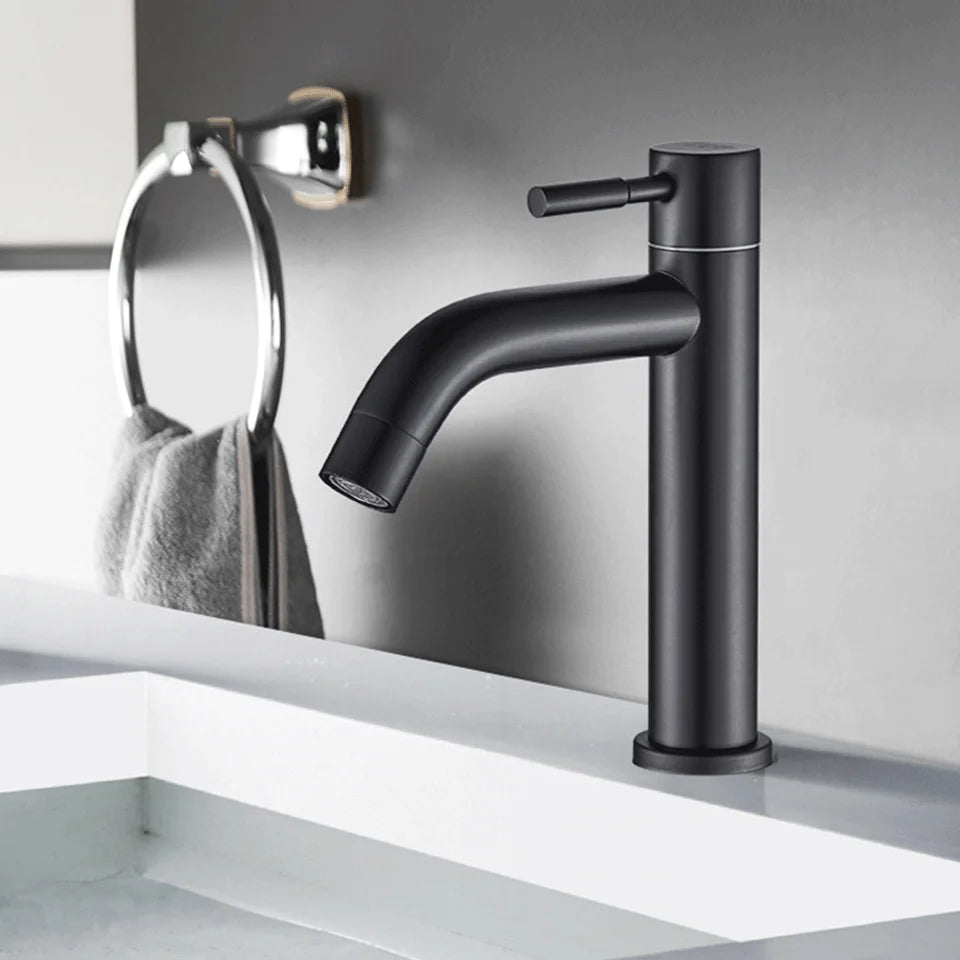 Stainless steel washbasin faucet. Single cold water, 1/2 inch inlet. Bathroom. Balcony. Public washbasin. Kitchen. Console