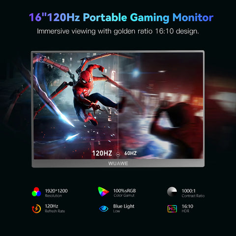 120hz 16 Inch Gaming Portable Monitor for Laptop, 1200P Display LCD FHD External Second Computer Screen for Phone