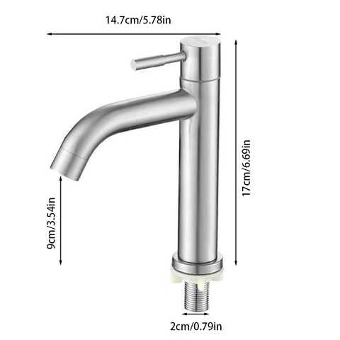 Stainless steel washbasin faucet. Single cold water, 1/2 inch inlet. Bathroom. Balcony. Public washbasin. Kitchen. Console