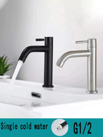 Stainless steel washbasin faucet. Single cold water, 1/2 inch inlet. Bathroom. Balcony. Public washbasin. Kitchen. Console