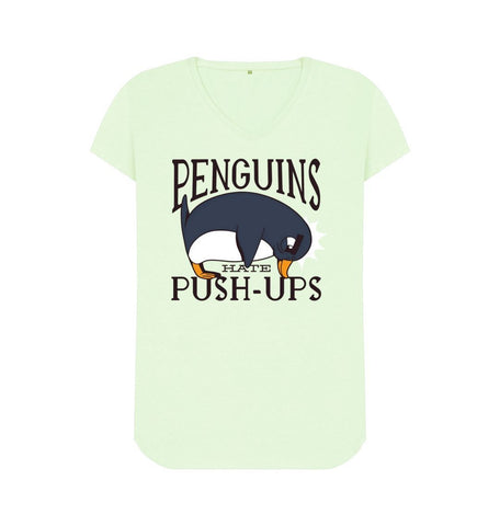 Pastel Green Penguins Hate Push-Ups Women's V-Neck T-Shirt