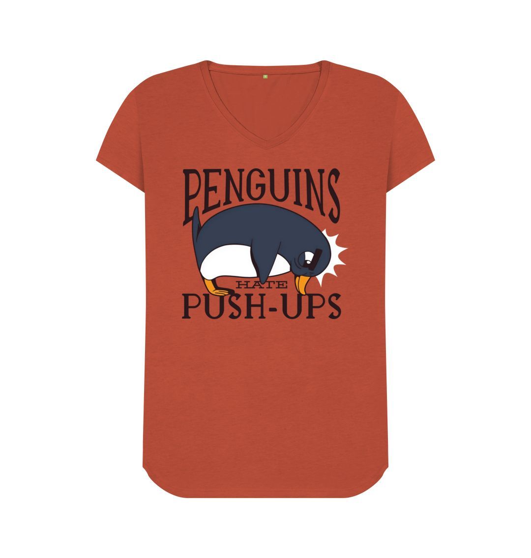 Rust Penguins Hate Push-Ups Women's V-Neck T-Shirt