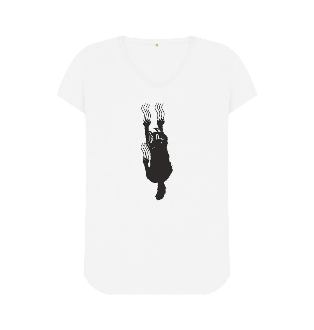 White Hang In There Cat Women's V-Neck T-Shirt
