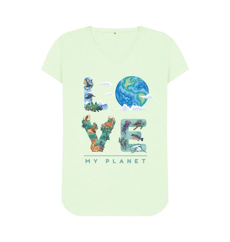 Pastel Green Love My Planet Women's V-Neck T-Shirt