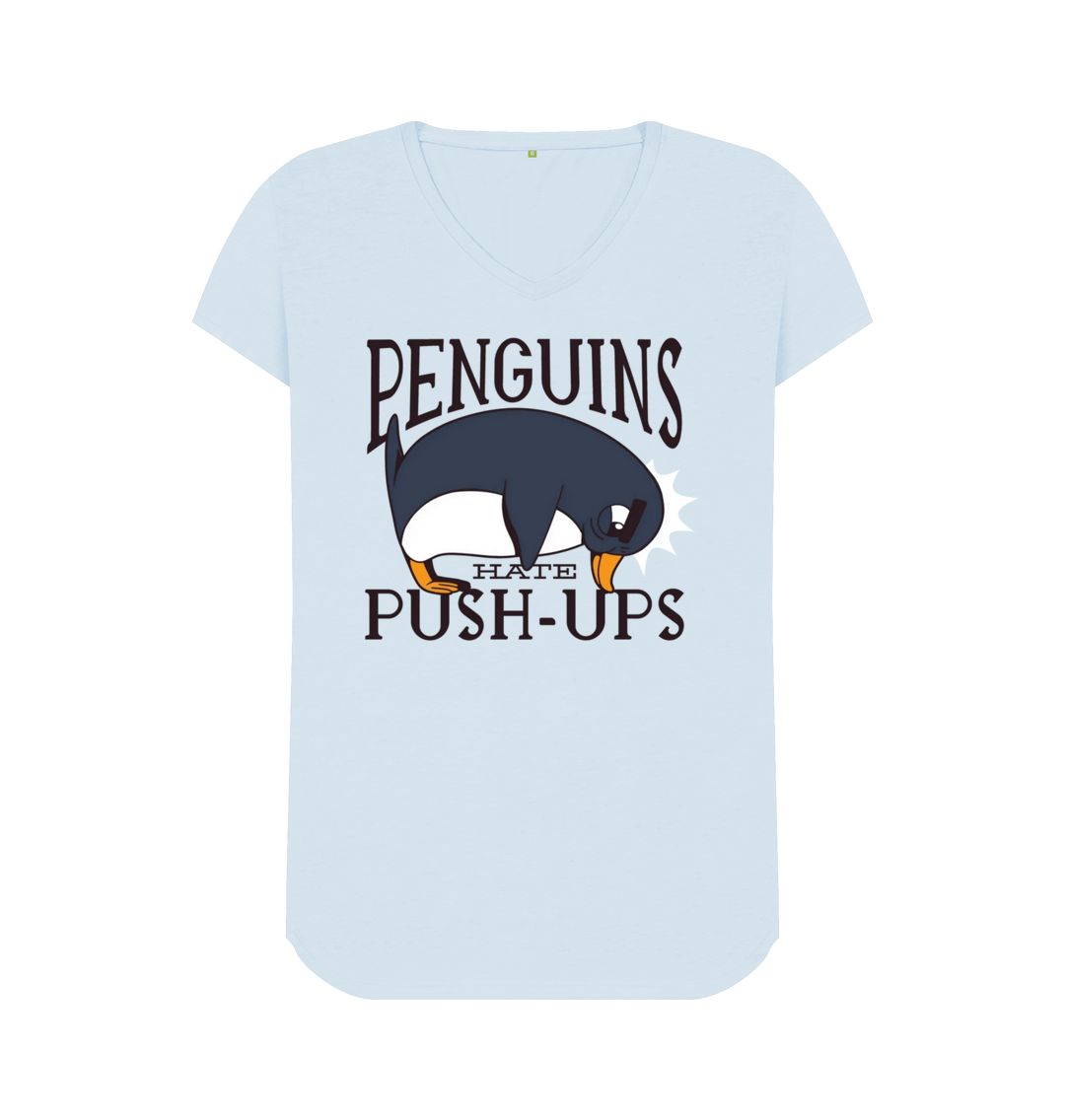 Sky Blue Penguins Hate Push-Ups Women's V-Neck T-Shirt