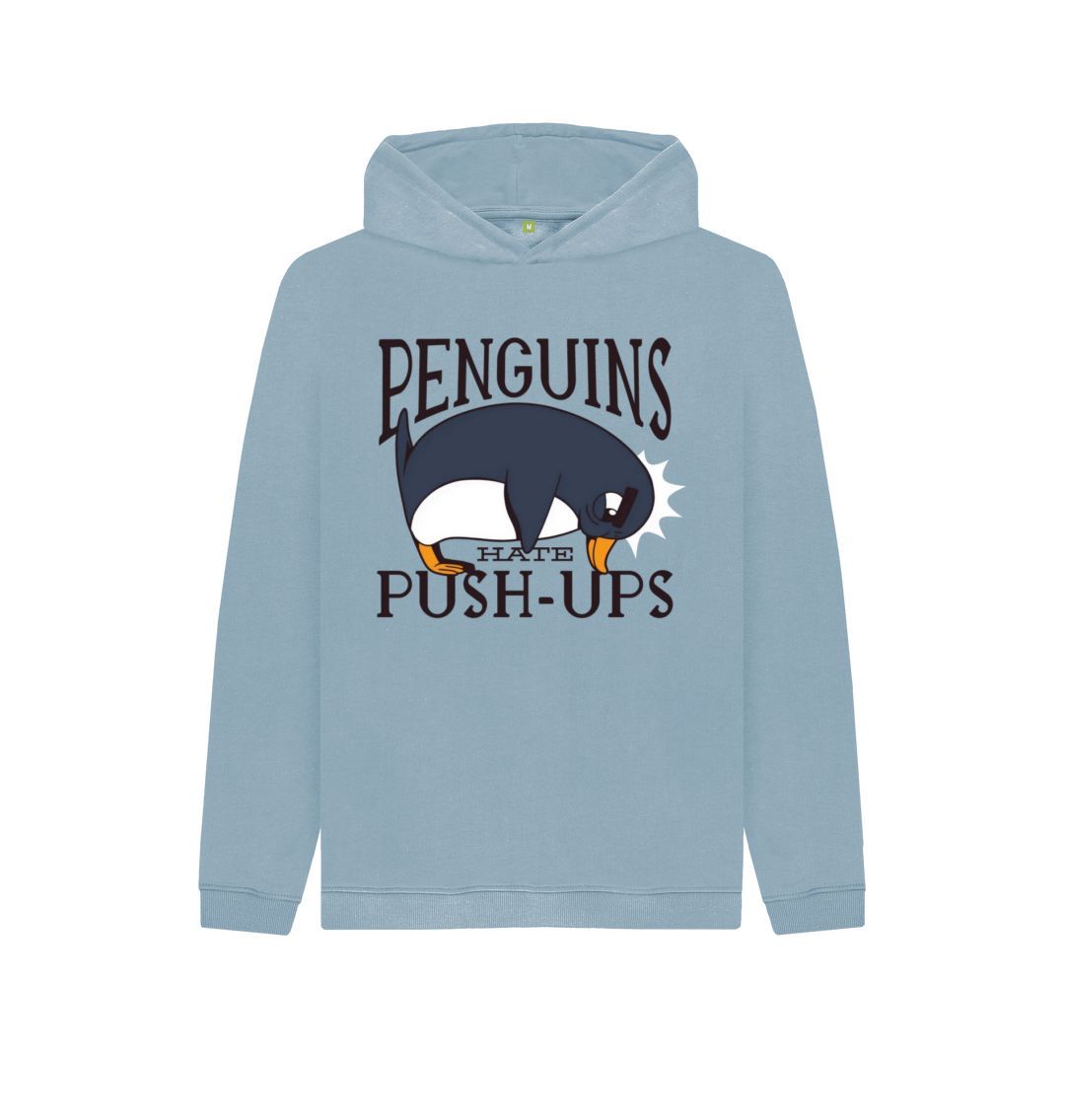 Stone Blue Penguins Hate Push-Ups Kids Pullover Hoodie