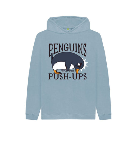 Stone Blue Penguins Hate Push-Ups Kids Pullover Hoodie
