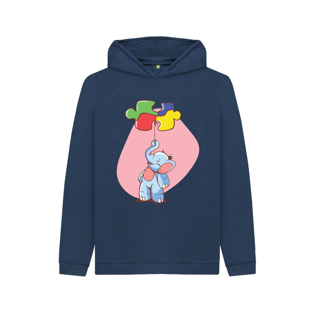 Navy Blue Elephant Balloon Puzzle Kids Pullover Hoodie