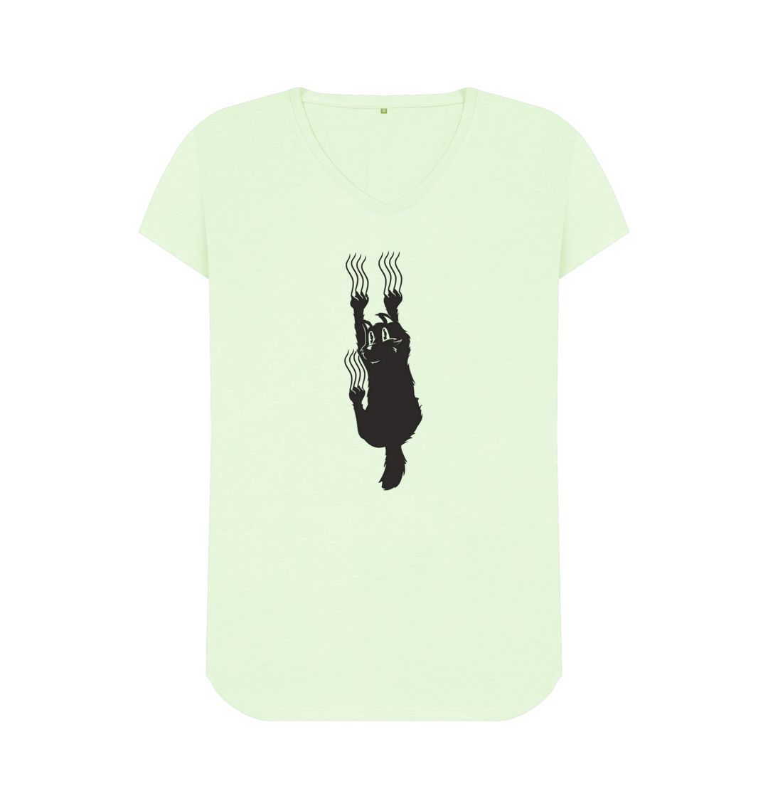 Pastel Green Hang In There Cat Women's V-Neck T-Shirt