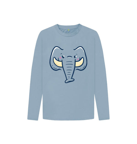 Stone Blue Happy Elephant Kids Long Sleeve T-Shirt