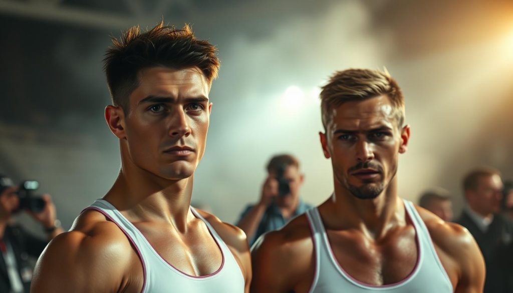A Serbian celebrity couple, athletic fame in their prime, now facing the immense pressure and vulnerability of their public lives. In the foreground, their toned, muscular physiques suggest the apex of their competitive careers, but their expressions convey a deep unease, a sense of the weight they carry. The middle ground is hazy, with the glare of camera flashes and the spectacle of fame surrounding them. In the background, a looming sense of isolation and the fragility of their position, as if the trappings of success have become a gilded cage. The lighting is dramatic, casting deep shadows that accentuate the strain and worry on their faces. This is a scene of the intersection of celebrity, sport, and the human cost of it all.