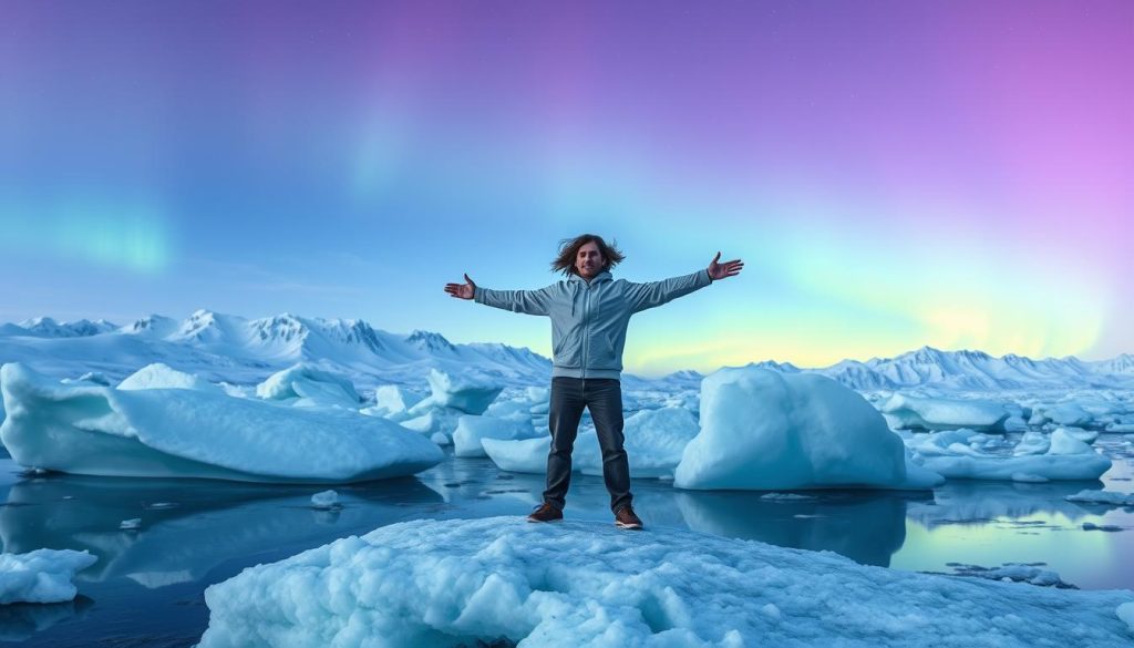 A breathtaking arctic landscape, the snow-capped mountains in the distant background bathed in the soft glow of the aurora borealis. In the foreground, a windblown figure stands tall, their outstretched arms symbolizing the leadership and vision necessary to navigate the transformative challenges facing the region. Powerful ice floes drift silently, casting reflections that mirror the determined expression on the figure's face. The scene conveys a sense of both the fragility and resilience of the Arctic, with the human form at the center, a beacon of hope and climate stewardship amidst the stark, beautiful wilderness.