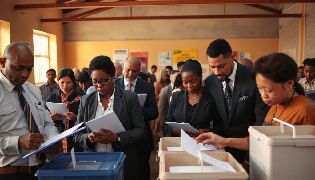 A bustling polling station, with international observers intently monitoring the voting process. In the foreground, a diverse group of individuals in formal attire scrutinize ballot boxes, clipboards in hand, their expressions conveying a sense of vigilance and impartiality. The middle ground reveals voters patiently queuing, their faces illuminated by the warm, natural lighting filtering through the windows. In the background, the walls are adorned with informative posters, lending an air of civic engagement to the scene. The overall atmosphere is one of meticulous oversight, ensuring the integrity and legitimacy of the democratic process.