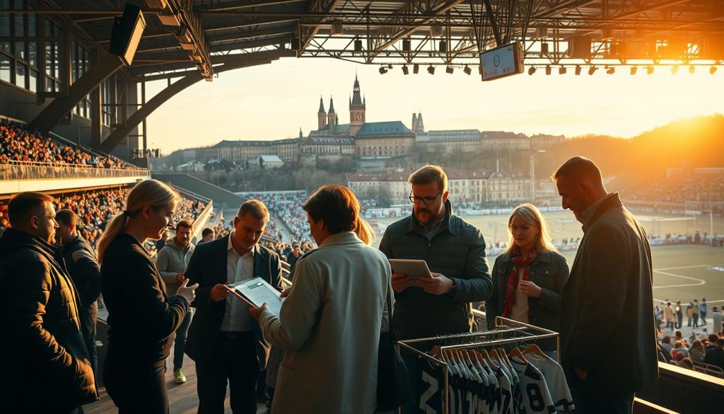 A bustling sports arena in the heart of Prague, Czech Republic, illuminated by warm, golden light filtering through large windows. In the foreground, a group of sports enthusiasts and business executives engaged in animated discussions, examining financial documents and making calculations on their tablets. The middle ground features a display of sports memorabilia and merchandise, hinting at the commercial opportunities presented by the impending euro adoption. In the background, a skyline of historic buildings and the iconic spires of Prague Castle, symbolizing the country's rich cultural heritage and its integration into the European Union. The overall atmosphere conveys a sense of anticipation and opportunity, as the Czech Republic's sports businesses prepare to navigate the challenges and benefits of the euro transition.