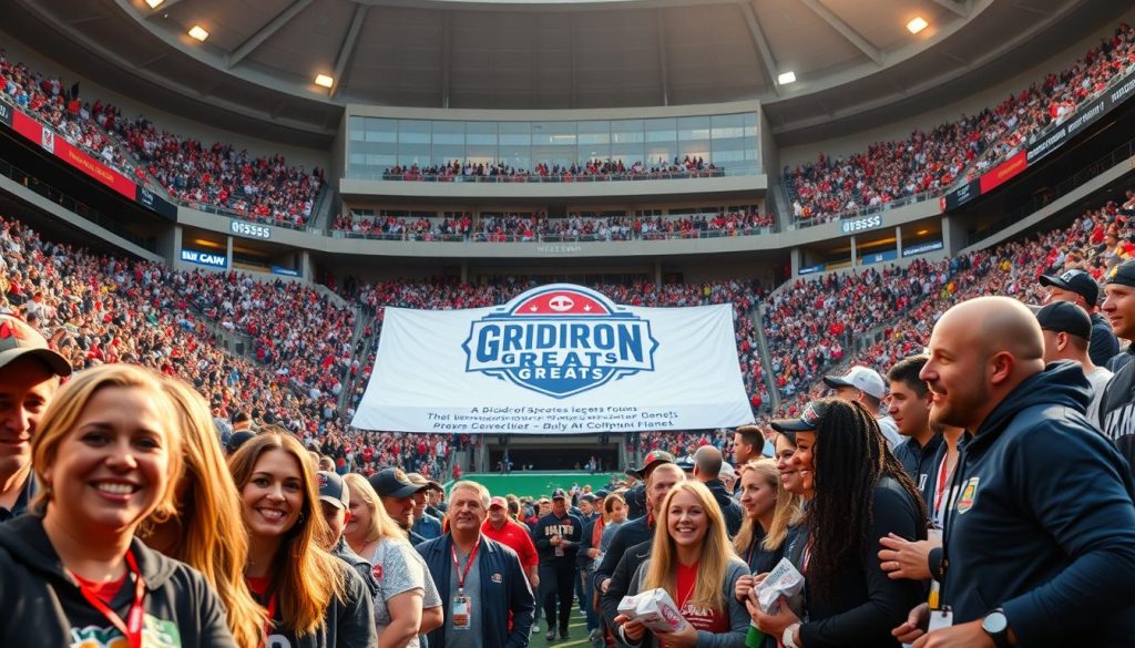 A bustling stadium scene, with fans eagerly lining up to donate blood and medical supplies. In the foreground, volunteers cheerfully guide supporters through the donation process, their smiles radiating warmth and community spirit. In the middle ground, a large banner displays the "Gridiron Greats" logo, highlighting the collaboration between sports legends and brands to drive this life-saving initiative. The background features the stadium's iconic architecture, bathed in soft, golden lighting that creates a sense of celebration and togetherness. The overall atmosphere exudes a palpable energy, where sports fans come together to make a tangible difference in the lives of others.