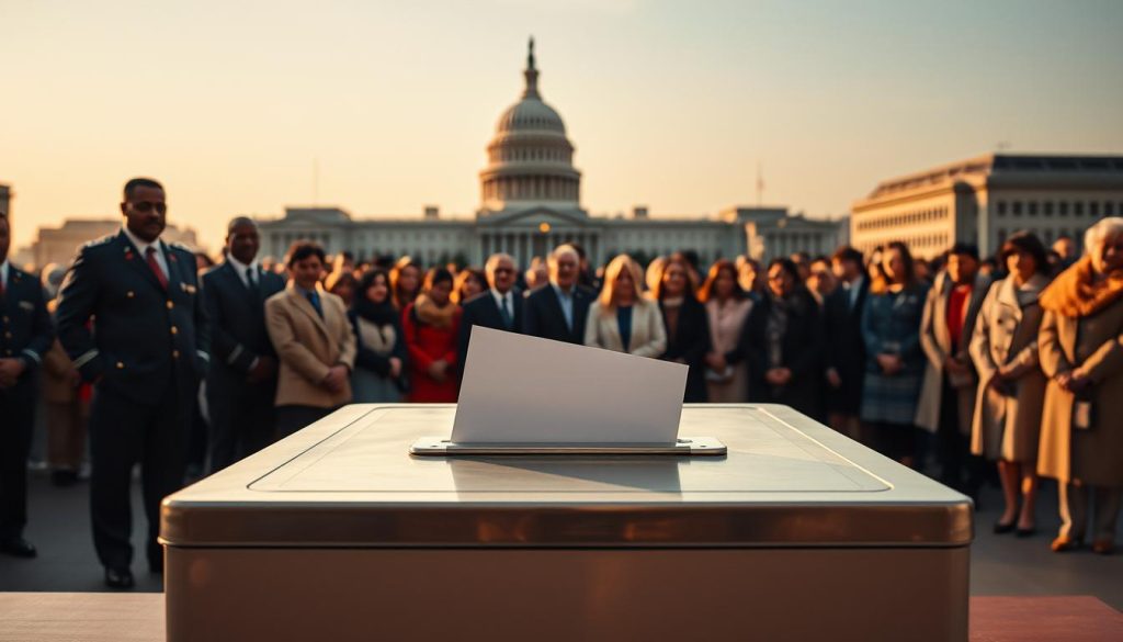 A calm and tranquil scene, where the foundations of democracy stand strong. In the foreground, a secure ballot box rests, its metal gleaming under warm, golden light. Behind it, a row of uniformed election officials stand watch, their expressions resolute yet welcoming. In the middle ground, a crowd of diverse citizens line up patiently to cast their votes, their faces reflecting the gravity and pride of the moment. In the distance, the silhouettes of government buildings loom, their architecture a testament to the enduring stability of the political system. The atmosphere is one of order, security, and the peaceful transfer of power - a visual embodiment of the ideals of election integrity and political stability.