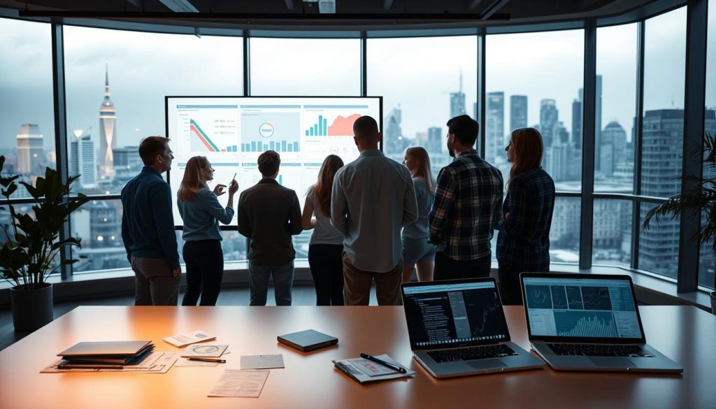 A creative advertising campaign analysis scene set in a modern office space. In the foreground, a team of marketers and designers gathered around a large screen, analyzing data visualizations and brainstorming ideas. Subtle lighting casts a warm glow, while the middle ground features a minimalist desk with scattered notes and a laptop displaying campaign metrics. In the background, floor-to-ceiling windows overlook a bustling city skyline, reflecting the dynamic and innovative nature of the work. The mood is one of focused collaboration, with a sense of excitement and determination to craft a viral marketing campaign.