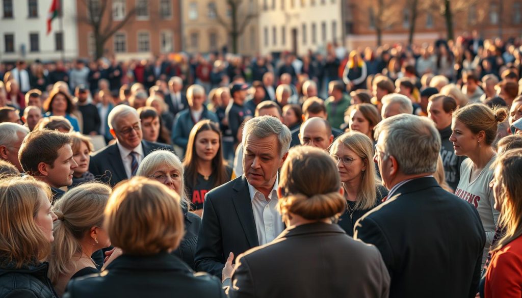 A crowd of diverse Latvian citizens, politicians, and athletes stands in a town square, engaged in lively discussions. In the foreground, a group of citizens passionately debate the merits of recent political referendums, their gestures and expressions conveying the weight of their perspectives. In the middle ground, elected officials in suits listen intently, considering the concerns of their constituents. In the background, a group of athletes in sportswear discuss the impact of policy decisions on their athletic pursuits. Warm, natural lighting illuminates the scene, creating a sense of openness and civic engagement. The overall atmosphere is one of vibrant, democratic discourse, reflecting the multifaceted nature of Latvian politics and the diverse stakeholders involved.