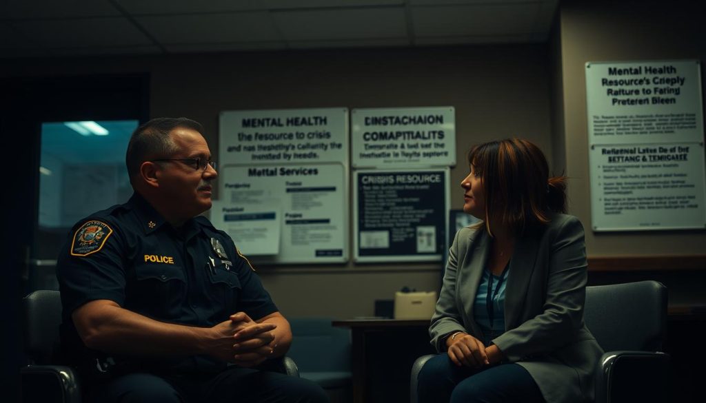 A dimly lit urban police station interior, with a warm, ambient lighting that creates a sense of empathy and understanding. In the foreground, a police officer and a mental health professional sit together, engaged in a thoughtful discussion, their body language conveying collaboration and a shared mission to provide compassionate support. In the background, a bulletin board displays information about mental health resources and crisis intervention protocols, underscoring the integration of these vital services. The scene radiates a tone of professionalism, trust, and a commitment to addressing the complex mental health needs of the community.