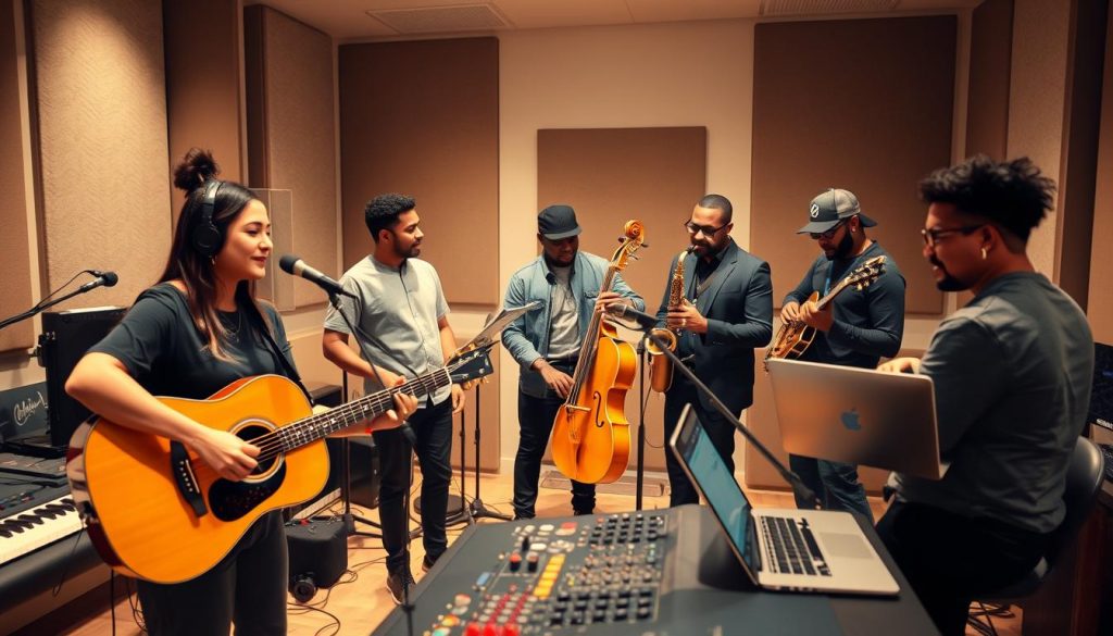 A diverse group of musicians representing various ethnicities, genders, and musical styles gather in a modern, well-lit recording studio. In the foreground, a female singer-songwriter plays an acoustic guitar, while a male producer mixing at a console. In the middle ground, a rapper and a classical violinist converse. In the background, a jazz saxophonist and an electronic music artist collaborate on a laptop. Soft, warm lighting casts a harmonious atmosphere, symbolizing the inclusive and collaborative nature of the record label's artist roster.
