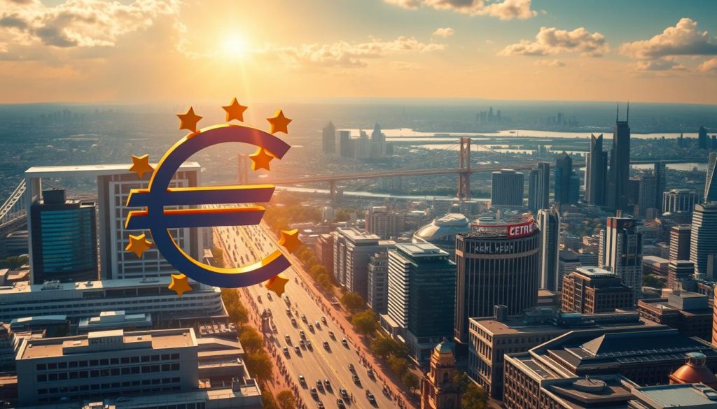 A dynamic cityscape bathed in warm, golden light. In the foreground, a towering Euro symbol casts a benevolent glow over bustling streets and thriving businesses. In the middle ground, sleek modern buildings and sparkling financial centers represent the economic prosperity of the Eurozone. In the background, a panoramic vista of skyscrapers and bridges symbolizes the interconnectedness and integration of the European Union. The overall scene conveys a sense of economic growth, stability, and the tangible benefits of Eurozone membership.