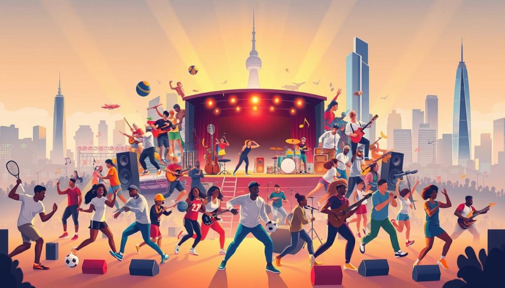 A dynamic illustration of sports and music partnerships, showcasing a vibrant intersection of entertainment and athletics. In the foreground, a group of diverse athletes and musicians collaborate, their energetic movements captured in a cinematic wide-angle lens. The middle ground features a collage of sports equipment, musical instruments, and performance stages, all bathed in a warm, golden lighting that evokes a sense of creative synergy. In the background, a sleek, modern city skyline provides a stylish backdrop, hinting at the global reach and commercial success of these collaborations. The overall atmosphere conveys a spirit of innovation, teamwork, and the power of cross-pollination between seemingly disparate industries.