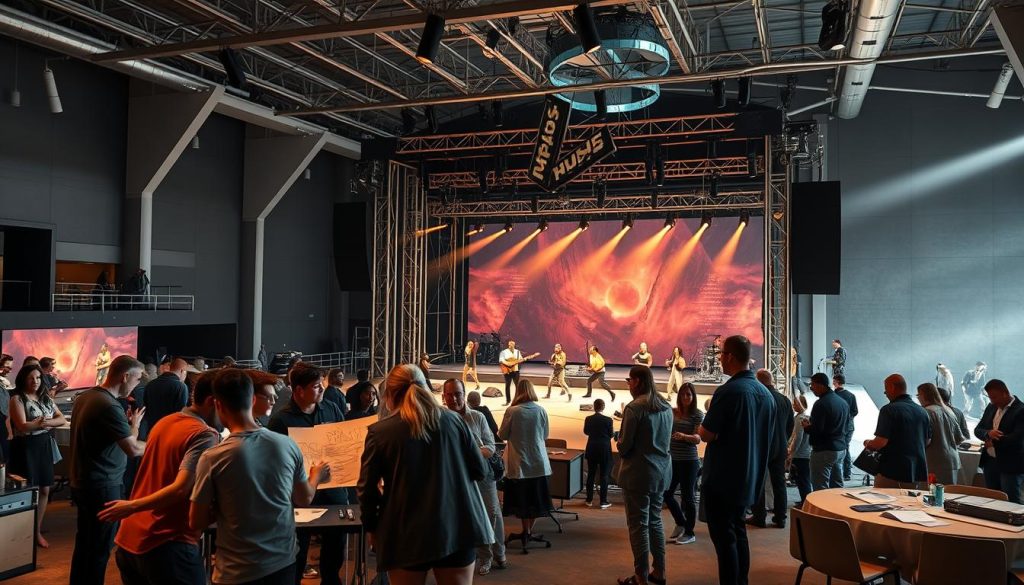 A dynamic sports-music event planning scene unfolds in a sleek, modern event space. In the foreground, a team of event coordinators huddle around a table, reviewing schematics and schedules. The middle ground features musicians and athletes collaborating, sketching out performance ideas and choreography. In the background, a massive stage takes shape, its structure a blend of industrial and organic elements. Warm, directional lighting casts dramatic shadows, capturing the creative energy and collaborative spirit of this unique event planning process.