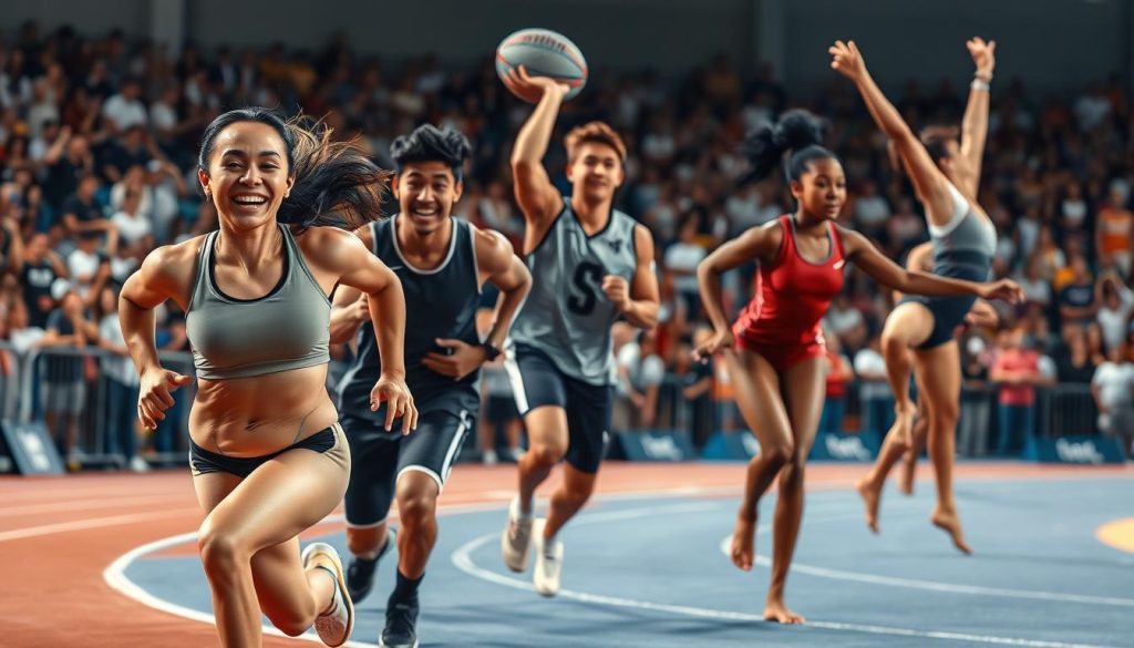 A group of diverse, enthusiastic young athletes competing in various sports, with expressions of determination and joy. The foreground features a female track runner crossing the finish line, her muscles straining as she reaches for the victory. In the middle ground, a male basketball player makes a slam dunk, while a female gymnast performs an intricate floor routine. In the background, a crowd of spectators cheers them on, their faces lit by the warm glow of the stadium lights. The scene exudes a sense of triumph, inspiration, and the power of global athletic achievements to ignite local passion.