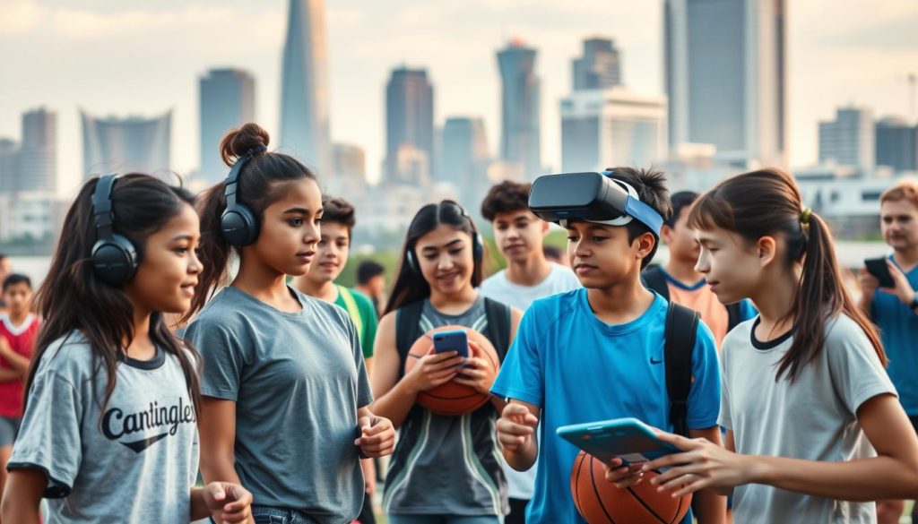 A group of diverse teenagers engaged in various sports activities, set against a backdrop of evolving social media and technology. In the foreground, young athletes of different ages, genders, and ethnicities compete in a variety of sports, from basketball and soccer to e-sports and virtual reality gaming. In the middle ground, spectators and coaches observe the action, some using smartphones and tablets to capture and share the moments on social media. In the background, a dynamic cityscape with skyscrapers and modern architecture, symbolizing the changing social landscape. The lighting is a combination of natural daylight and warm, artificial illumination, creating a sense of vibrancy and energy. The overall mood conveys the generational shift in youth sports, where traditional and emerging activities coexist, influenced by the pervasive presence of digital technology and social media.
