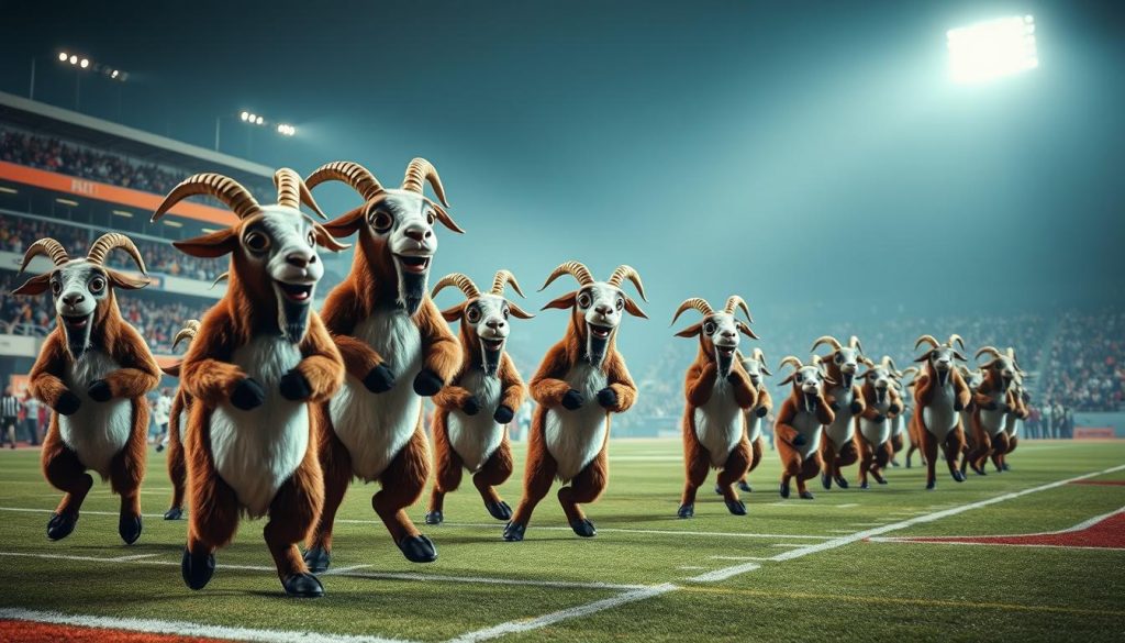 A group of mischievous, costumed sports mascots engaging in a playful goat-themed tradition on a lively sports field. In the foreground, a team of energetic mascot characters dressed as goats cavort and frolic, their exaggerated movements and comical antics capturing the spirit of ancient athletic festivities. In the middle ground, a backdrop of a vibrant, well-lit sports stadium with spectators cheering in the stands. In the background, a hazy horizon suggesting the timeless, centuries-old origins of this quirky mascot tradition. The scene is infused with a sense of whimsical energy, nostalgia, and the enduring connection between goats, sports, and festive rituals. A group of mischievous, costumed sports mascots engaging in a playful goat-themed tradition on a lively sports field. In the foreground, a team of energetic mascot characters dressed as goats cavort and frolic, their exaggerated movements and comical antics capturing the spirit of ancient athletic festivities. In the middle ground, a backdrop of a vibrant, well-lit sports stadium with spectators cheering in the stands. In the background, a hazy horizon suggesting the timeless, centuries-old origins of this quirky mascot tradition. The scene is infused with a sense of whimsical energy, nostalgia, and the enduring connection between goats, sports, and festive rituals.