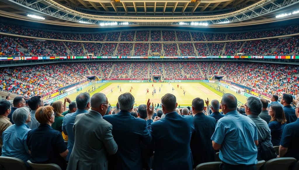 A large international stadium with a diverse crowd of spectators, representing different nationalities and cultures. In the foreground, a group of diplomats and government officials engaged in lively discussions, gesturing animatedly as they watch the sporting event unfold. The middle ground features athletes from various countries competing on a well-lit field, showcasing the global unity and cooperation fostered through sports. The background is a panoramic view of the stadium's architecture, with flags and banners from different nations adorning the grandstands, creating a sense of global diplomacy and unity. The scene is illuminated by warm, soft lighting, conveying a mood of optimism, collaboration, and the power of sports to bring the world together.