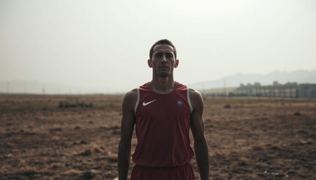 A lone athlete stands on a barren, windswept field, their face etched with determination. They wear simple, unadorned sportswear, no emblems or national colors to be seen. The background is a hazy, nondescript landscape, devoid of any recognizable landmarks or symbols. The lighting is somber, casting long shadows and a melancholic mood. The camera angle is low, emphasizing the athlete's isolation and the weight of their struggle. This image captures the essence of "Competing Without a Flag" - the bittersweet journey of Kosovar athletes who strive for recognition on the global stage, their personal triumphs overshadowed by the political tensions that deny them the right to represent their homeland.