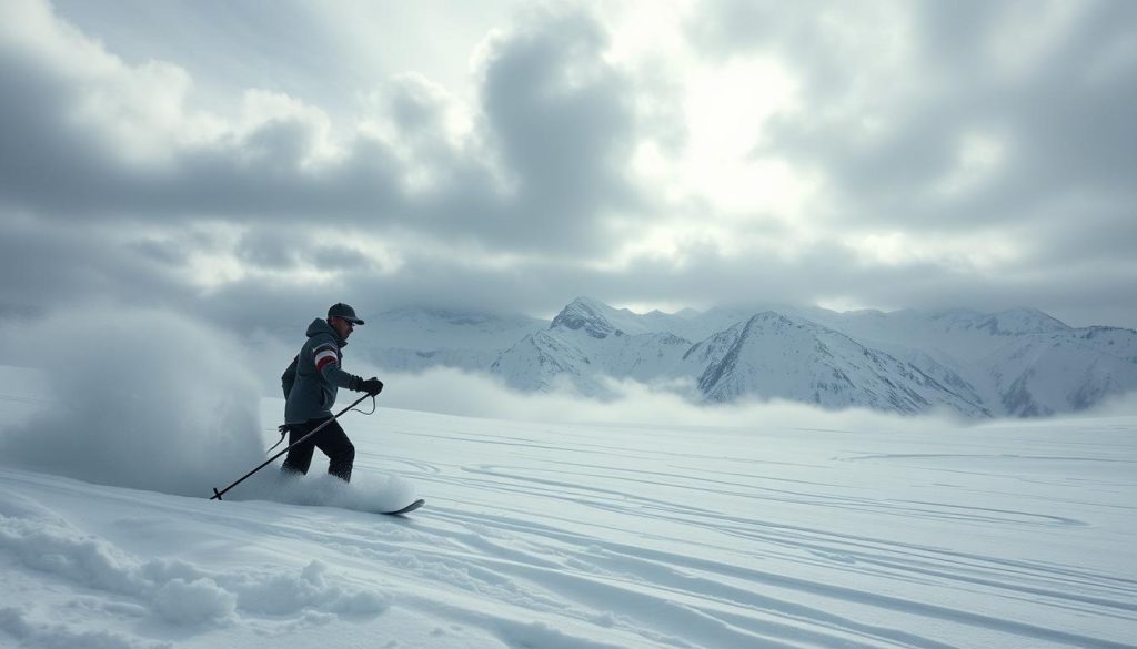 A lone athlete stands resolute, bracing against the fierce winds and driving snow of a winter landscape. Their weathered face is set with determination, as they navigate the treacherous terrain, skis carving effortlessly through the powdery drifts. The sky above is a muted gray, heavy clouds obscuring the sun, casting a somber, dramatic light across the scene. In the distance, towering mountains loom, their peaks capped in pristine white. The athlete's movements are fluid, graceful, a testament to their hard-earned mastery of the elements. This is a portrait of resilience, of the human spirit adapting and thriving in the face of nature's most extreme challenges.