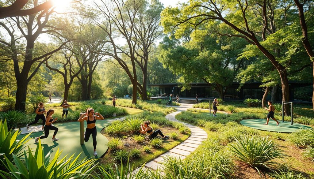 A lush, verdant training facility nestled in a serene, sustainable environment. Sunlight filters through the canopy of towering trees, casting a warm, natural glow on the state-of-the-art workout equipment and eco-friendly surfaces. In the foreground, athletes engage in a variety of exercises, their movements fluid and graceful, harmonizing with the surrounding greenery. The middle ground features a meandering path winding through native flora, encouraging mindful exploration. In the background, a modern, energy-efficient building blends seamlessly with the landscape, its design emphasizing the integration of nature and technology. The atmosphere radiates a sense of tranquility, balance, and a deep respect for the environment, embodying the principles of "Green Training" and the fusion of sustainability and sports wellness.