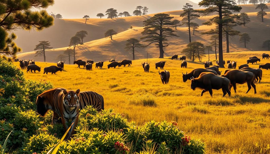 A majestic landscape showcasing the triumph of wildlife conservation. In the foreground, a pair of Bengal tigers prowling through lush, verdant foliage, their vibrant coats gleaming in the warm, golden sunlight. In the middle ground, a herd of bison grazing peacefully, their muscular frames a testament to the successful reintroduction of this iconic species. The background features rolling hills dotted with towering pine trees, casting long shadows across the scene. The atmosphere is one of tranquility and harmony, a celebration of the delicate balance between nature and human stewardship. Captured with a wide-angle lens, this image invites the viewer to immerse themselves in the splendor of these remarkable conservation success stories.