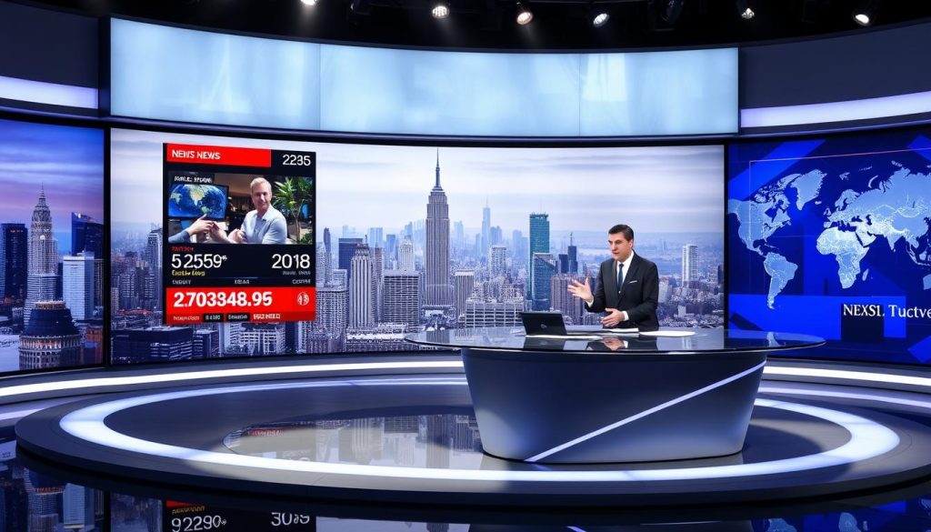 A news studio set with a large curved LED screen displaying global news headlines and data visualizations. In the foreground, a news anchor standing at a sleek, modern desk, gesturing animatedly while delivering a report. Soft, dramatic lighting illuminates the scene, casting subtle shadows and highlighting the anchor's intense expression. The background features a blend of city skylines and world maps, hinting at the international scope of the news coverage. The overall atmosphere conveys a sense of authority, professionalism, and the importance of global events.