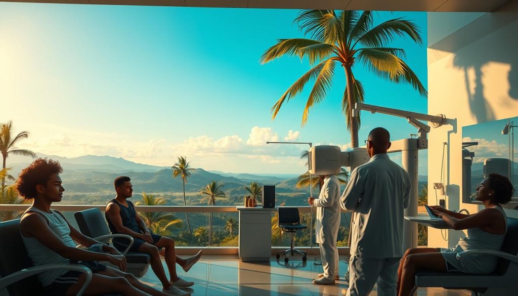 A serene medical clinic in a lush, tropical setting. In the foreground, a group of athletes undergoing physiotherapy and rehabilitation, their faces alight with determination. Midground, a team of technicians expertly operating IAEA-provided x-ray equipment, their movements fluid and precise. In the background, a sprawling landscape of rolling hills, swaying palm trees, and a cloudless azure sky, bathed in warm, golden light. The scene conveys a sense of global collaboration, where cutting-edge science and technology come together to empower and heal. Crisp, cinematic lighting and a shallow depth of field create a sense of immersive intimacy.