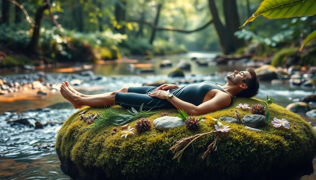 A serene natural setting, with a tranquil forest backdrop and a calming stream flowing through the foreground. In the center, an athlete reclines on a bed of moss, surrounded by a variety of plant life and natural elements - healing herbs, soothing flowers, and rejuvenating stones. Soft, diffused lighting filters through the canopy, creating a warm, restorative atmosphere. The pose and expression of the figure convey a sense of mindfulness, relaxation, and connection with the natural world. The overall scene evokes a holistic, nature-inspired approach to athletic recovery and well-being.