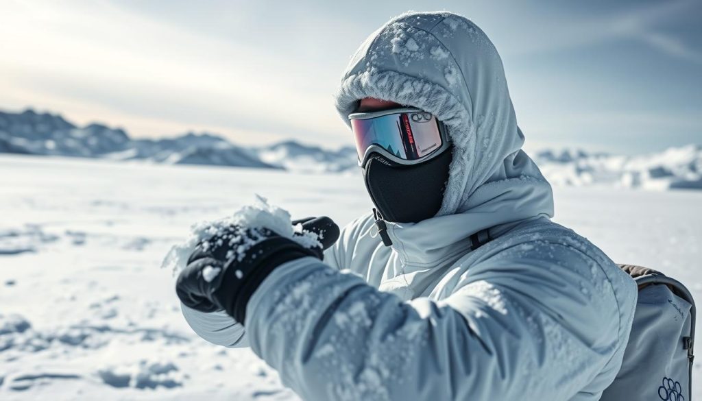 A snow-covered athlete clad in thermal gear braces against the biting wind, their face partially obscured by a protective mask. In the background, a vast frozen landscape stretches out, with icy peaks and a crisp, overcast sky. The athlete's posture reflects the strain of enduring the extreme cold, yet their determined expression suggests a resilience forged through intense training and experience. Harsh sunlight casts dramatic shadows, highlighting the rugged terrain and the athlete's struggle against the elements. The scene evokes the challenges and risks inherent in outdoor sports undertaken in severe winter conditions, underscoring the importance of proper equipment, preparation, and safety protocols.