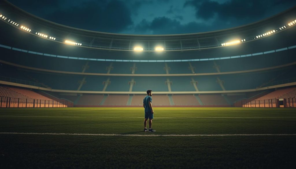 A sports stadium, its stands mostly empty, casts a somber shadow over a small figure standing alone on the field. The athlete's determined expression conveys the ongoing challenges of Kosovo's quest for global sporting recognition, as political tensions and diplomatic barriers loom in the background. Soft, warm lighting illuminates the scene, evoking a sense of perseverance and resilience against the odds. The image captures the essence of Kosovo's uphill battle, with the athlete's solitary figure symbolizing the nation's lonely fight for respect and acceptance on the international stage.