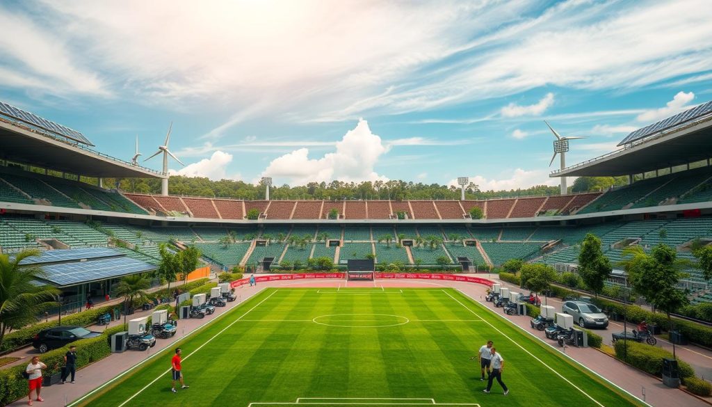 A sprawling sports stadium set against a backdrop of lush greenery and a clear, azure sky. In the foreground, athletes engage in a variety of eco-friendly activities - solar panels adorning the rooftops, wind turbines spinning gently, electric vehicles charging in the parking lot. The middle ground features a group of groundskeepers tending to a verdant, sustainably-managed playing field. Warm, natural lighting filters through, casting a soft, hopeful glow over the scene. The overall atmosphere conveys a sense of harmony between the world of sports and the natural environment, showcasing the practical, innovative ways organizations are reducing their carbon footprint. A sprawling sports stadium set against a backdrop of lush greenery and a clear, azure sky. In the foreground, athletes engage in a variety of eco-friendly activities - solar panels adorning the rooftops, wind turbines spinning gently, electric vehicles charging in the parking lot. The middle ground features a group of groundskeepers tending to a verdant, sustainably-managed playing field. Warm, natural lighting filters through, casting a soft, hopeful glow over the scene. The overall atmosphere conveys a sense of harmony between the world of sports and the natural environment, showcasing the practical, innovative ways organizations are reducing their carbon footprint.