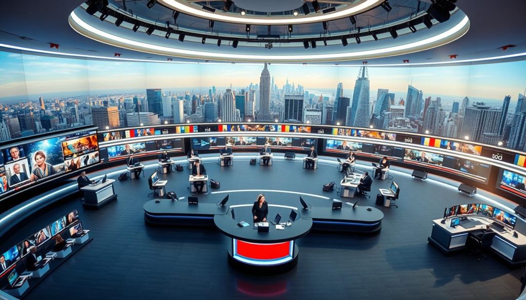 A sweeping panoramic view of news desks from around the world, each displaying a different global news story. The foreground features a central news desk with a newscaster presenting, surrounded by large display screens showing diverse news coverage. The middle ground showcases a variety of smaller news desks, each with anchors and reporters from different countries, reflecting the international nature of modern news. The background depicts cityscapes of major world capitals, symbolizing the global reach of information. The lighting is crisp and professional, with a clean, authoritative atmosphere. The camera angle is slightly elevated, providing an encompassing perspective that conveys the scale and interconnectedness of global news coverage. A sweeping panoramic view of news desks from around the world, each displaying a different global news story. The foreground features a central news desk with a newscaster presenting, surrounded by large display screens showing diverse news coverage. The middle ground showcases a variety of smaller news desks, each with anchors and reporters from different countries, reflecting the international nature of modern news. The background depicts cityscapes of major world capitals, symbolizing the global reach of information. The lighting is crisp and professional, with a clean, authoritative atmosphere. The camera angle is slightly elevated, providing an encompassing perspective that conveys the scale and interconnectedness of global news coverage.