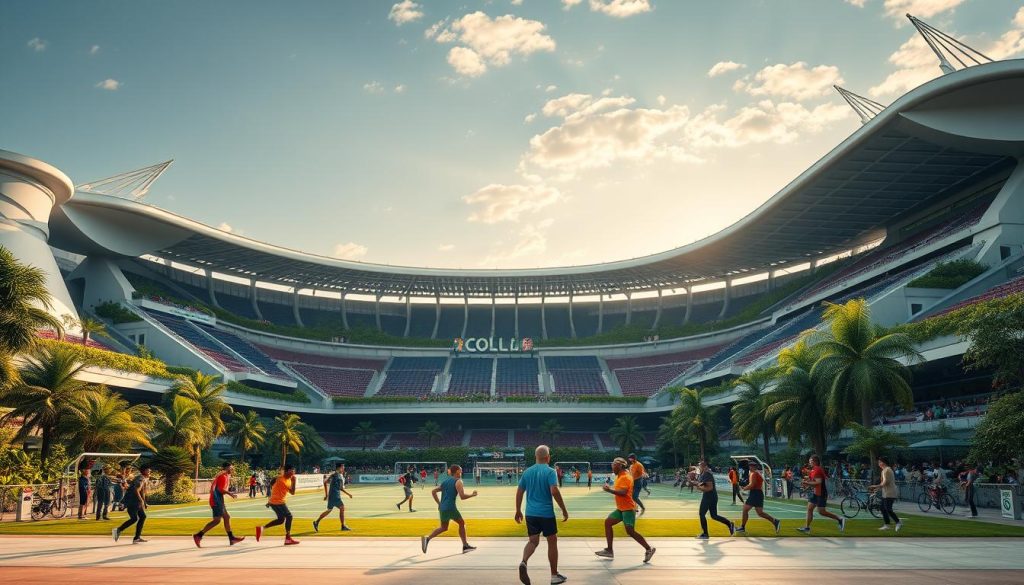 A vast, eco-friendly sports stadium stands tall, its sleek, sustainable design blending seamlessly with the surrounding natural landscape. Solar panels adorn the rooftops, capturing renewable energy to power the venue. Lush greenery and water features create a serene, nature-inspired ambiance, while electric vehicle charging stations and bicycle racks encourage eco-friendly transportation. In the foreground, athletes and spectators engage in a variety of sports, their movements captured in dynamic poses, showcasing the harmonious integration of sports and environmental stewardship. The scene is bathed in warm, golden light, conveying a sense of progress and optimism for a future where sports and climate responsibility coexist in perfect harmony. A vast, eco-friendly sports stadium stands tall, its sleek, sustainable design blending seamlessly with the surrounding natural landscape. Solar panels adorn the rooftops, capturing renewable energy to power the venue. Lush greenery and water features create a serene, nature-inspired ambiance, while electric vehicle charging stations and bicycle racks encourage eco-friendly transportation. In the foreground, athletes and spectators engage in a variety of sports, their movements captured in dynamic poses, showcasing the harmonious integration of sports and environmental stewardship. The scene is bathed in warm, golden light, conveying a sense of progress and optimism for a future where sports and climate responsibility coexist in perfect harmony.