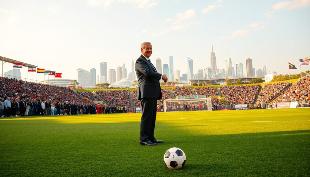 A vast, panoramic landscape depicting the intersection of sports, diplomacy, and global affairs. In the foreground, two world leaders shake hands, their faces beaming with smiles as they stand on a well-manicured soccer pitch, the ball at their feet. The midground features a crowd of diverse spectators, their national flags waving in the gentle breeze, symbolizing the unifying power of the game. In the background, a breathtaking skyline of modern architecture and iconic landmarks, representing the international stage upon which this diplomatic encounter unfolds. The scene is bathed in warm, golden light, conveying a sense of optimism and possibility as these leaders use the language of sport to bridge divides and forge new connections.