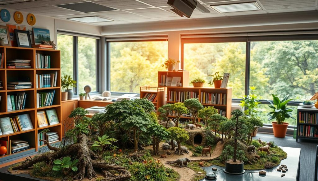 A vibrant classroom setting, with a diverse array of educational tools showcasing the wonders of the natural world. In the foreground, an interactive diorama depicting a lush forest ecosystem, complete with intricate models of flora and fauna. In the middle ground, shelves brimming with field guides, nature journals, and hands-on activities that engage students in the exploration of biodiversity. The background features large windows overlooking a verdant outdoor landscape, bathed in warm, natural lighting, creating an inviting and immersive learning environment. The overall atmosphere conveys a sense of discovery, wonder, and a deep appreciation for the delicate balance of life on our planet.