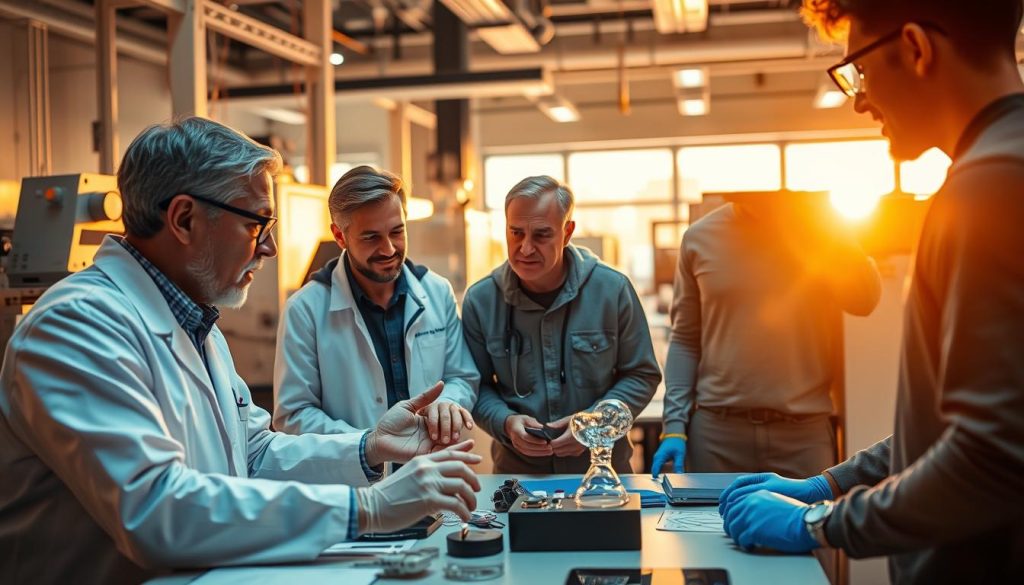A vibrant collaboration unfolds, as scientists, engineers, and medical professionals gather around a table, engaged in lively discussion. The scene is bathed in warm, golden light, casting a sense of unity and purpose. In the foreground, a doctor gestures animatedly, while an engineer examines a 3D-printed prototype. In the middle ground, a sports coach leans in, offering insights on the practical applications of their work. The background showcases a state-of-the-art laboratory, filled with gleaming equipment and cutting-edge technology. The atmosphere is one of shared vision, problem-solving, and a collective drive to harness the power of science for the greater good.